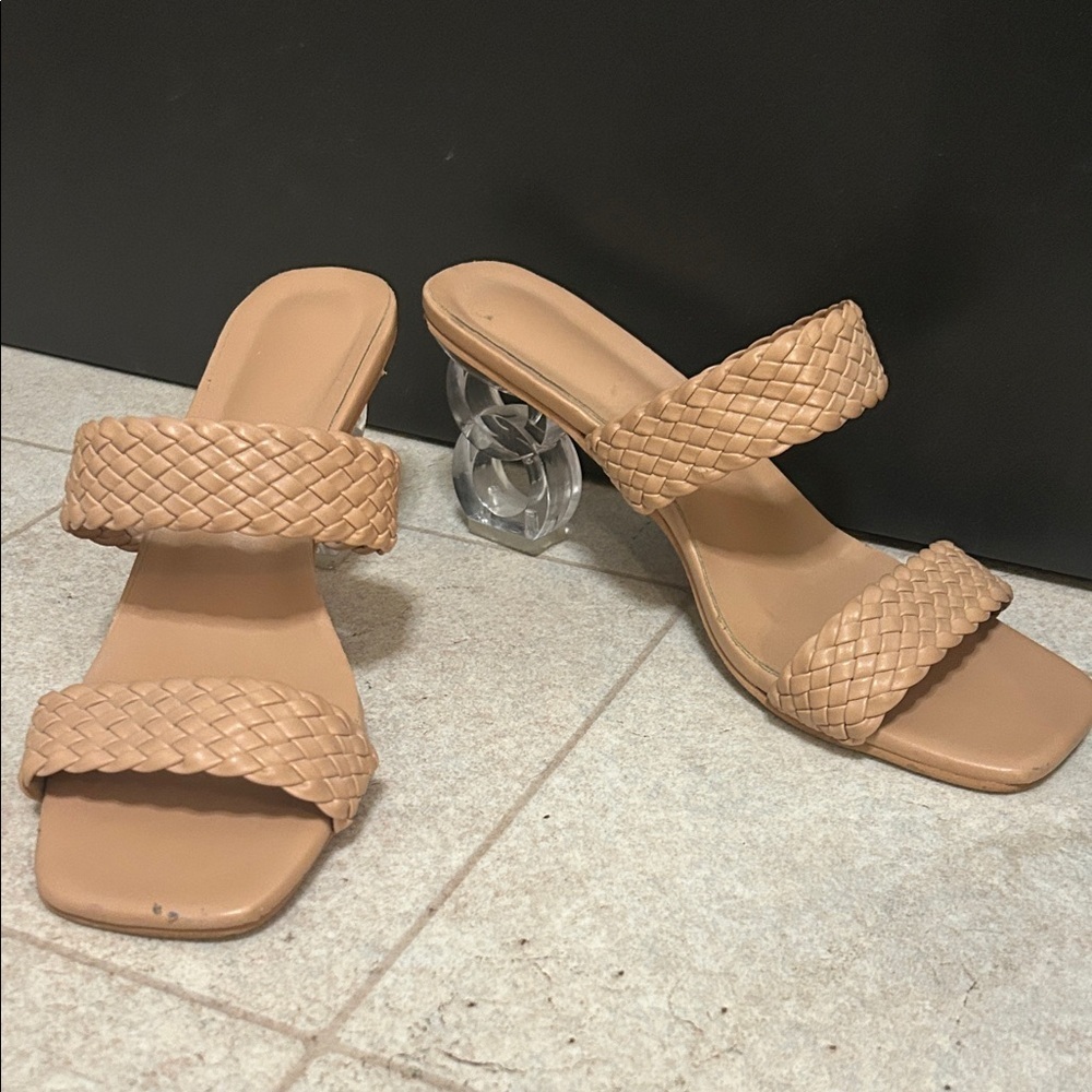 Elegant Tan Woven Heeled Sandals